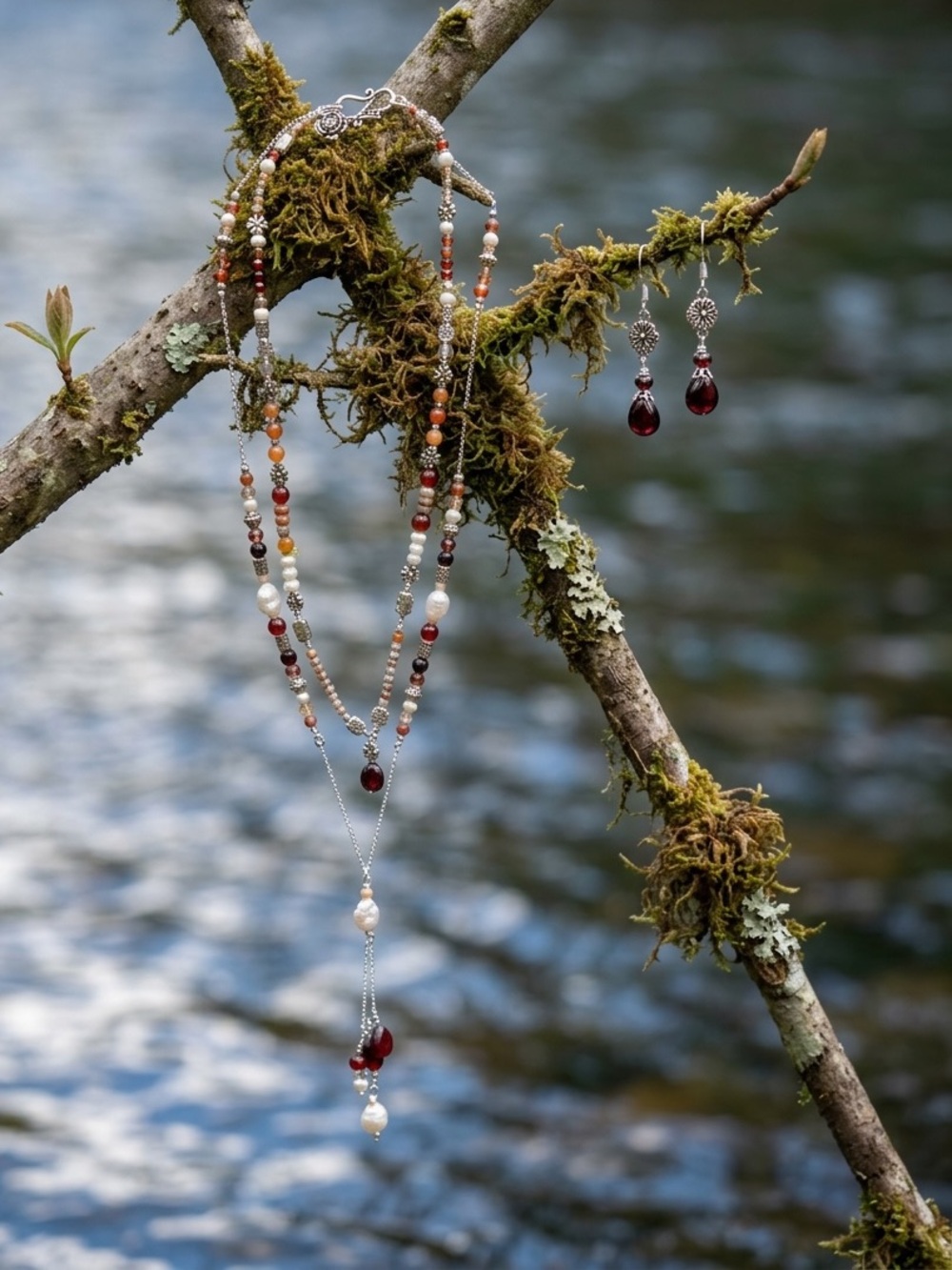 Cherry Blossom Jasper & Pearl Necklace and Earring Set